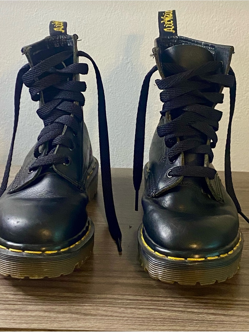 Dr. Martens Black Leather Lace-Up Combat Boots with Yellow Stitching